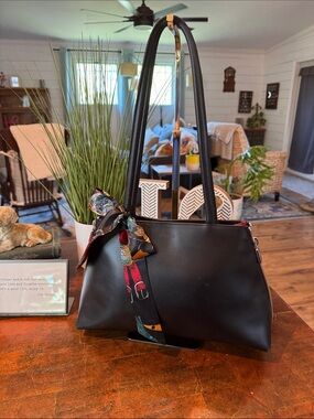 Furla Black Leather Shoulder Bag with Multicolor Scarf Accent